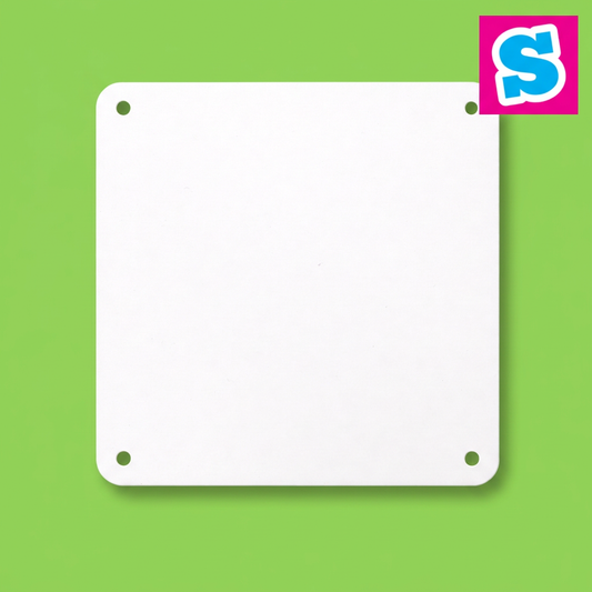 White 15cm x 15cm sublimation aluminium sheet with four corner holes on a green background with Sublimania S logo