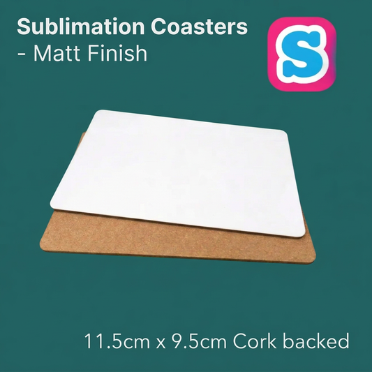Matt finish cork-backed sublimation coasters, 11.5cm x 9.5cm