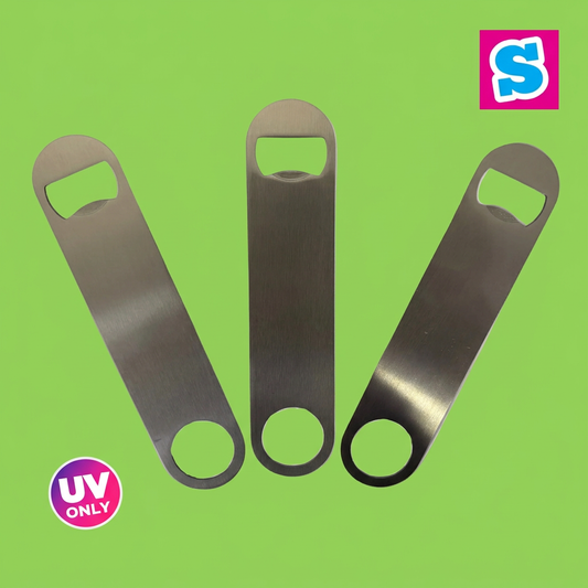 Silver UV printing bar blade bottle openers on a green background with Sublimania S logo and UV ONLY badge
