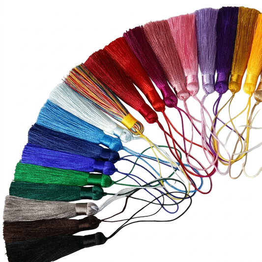Fan of assorted coloured bookmark tassels on a square white background