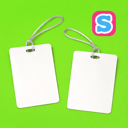 These blank MDF sublimation luggage tags measure 10cm x 7cm and are designed for heat-transfer sublimation printing. Each luggage tag has a double-sided white printable surface