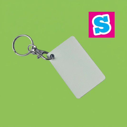 rectangular blank MDF sublimation keyrings measure 6cm x 4cm and are designed for heat-transfer sublimation printing. Each keyring has a double-sided white printable surface,