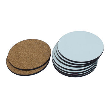 Bulk pack of 400 round MDF coasters for sublimation printing, with cork back, ideal for businesses, events, and promotions