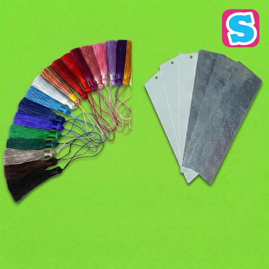 Single-sided bookmarks and tassels with lime-green background and matching S badge