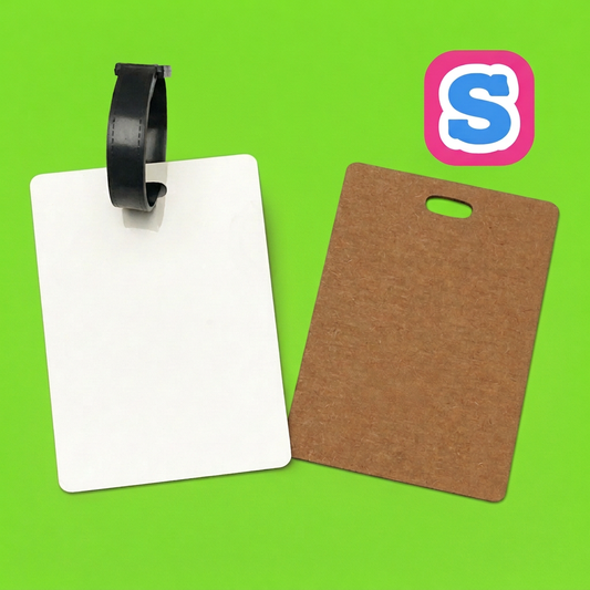 These blank MDF sublimation luggage tags measure 10cm x 7cm and are designed for heat-transfer sublimation printing. Each luggage tag has a single-sided white printable surface
