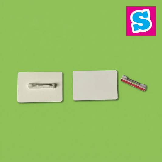 These Polymer sublimation name badges measure approximately 6cm x 4cm in a rectangular shape and are manufactured from premium 3mm Polymer plastic, providing a durable, lightweight, and professional-quality finish