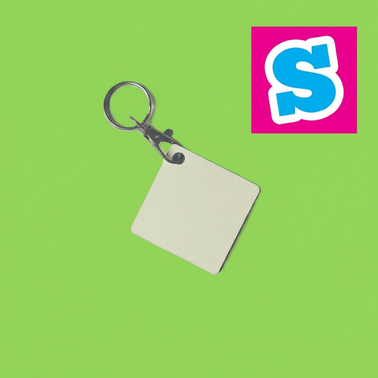  square blank MDF sublimation keyrings measure 5cm x 5cm and are designed for heat-transfer sublimation printing. Each keyring has a double-sided white printable surface, 