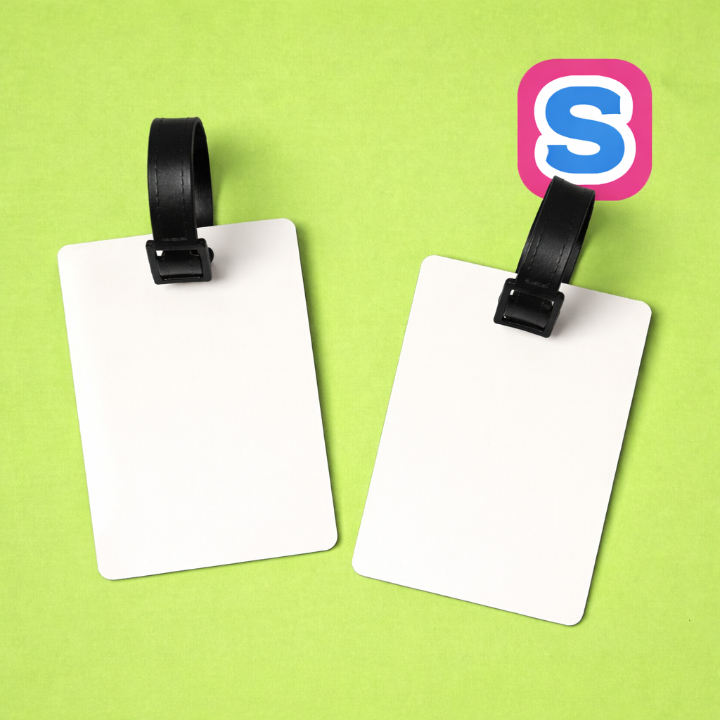 Double sided MDF sublimation luggage tag blank with black strap, white printable surface for personalised travel designs.