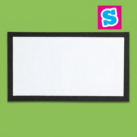 Blank sublimation bar runner with white printable centre and black border on a green background with Sublimania S logo