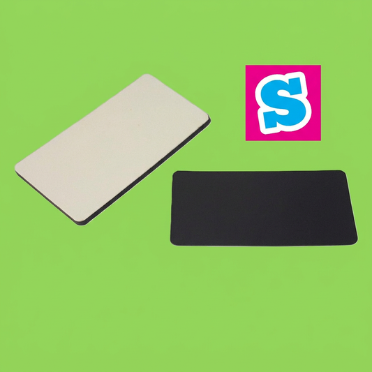 Rectangular MDF sublimation fridge magnets 7.5cm x 4cm showing white face and dark magnetic back on a square green background