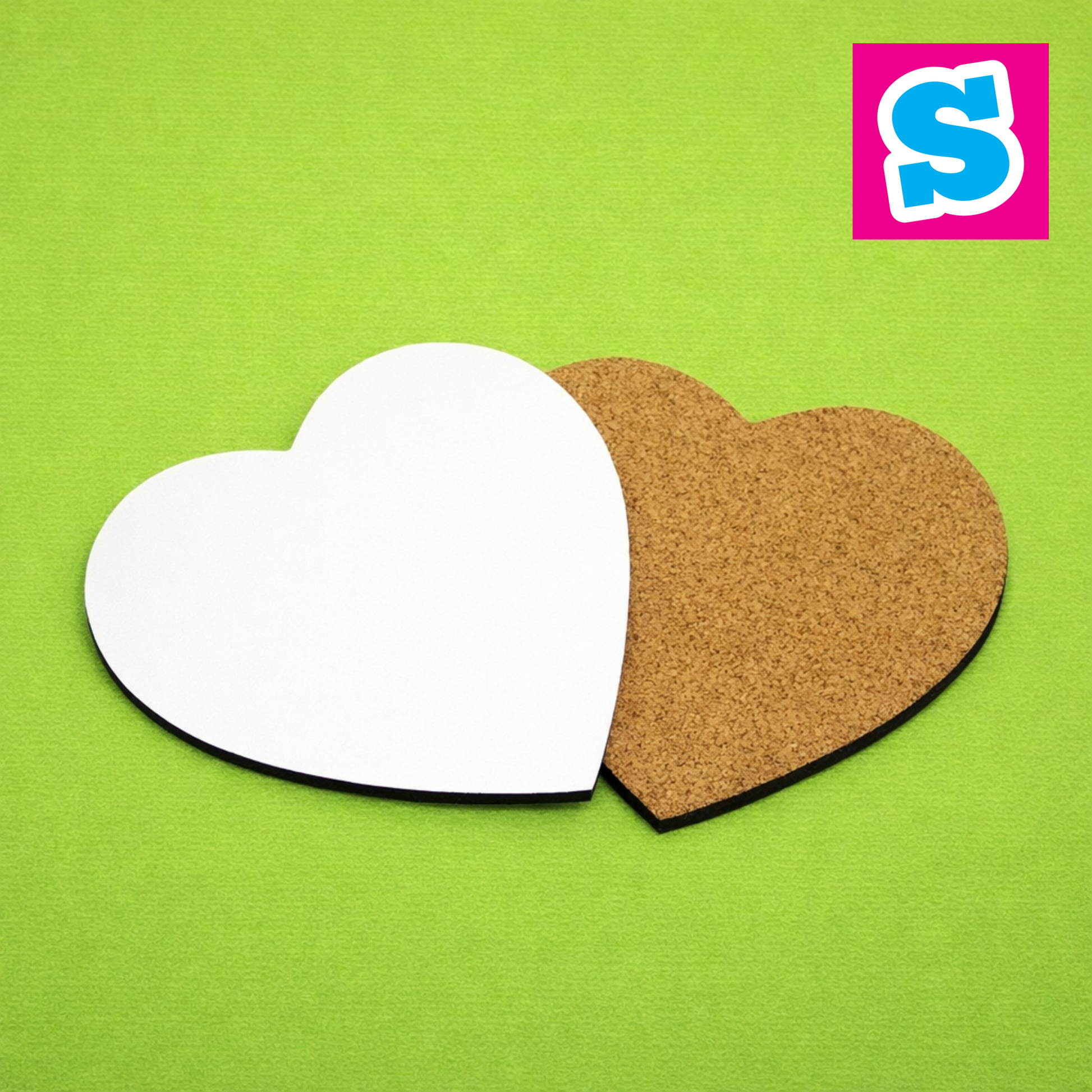 Blank heart shaped MDF coaster for sublimation printing, 9cm size with cork back, perfect for personalised gifts and crafts.
