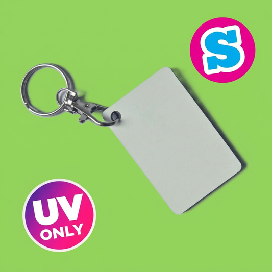  rectangular blank MDF UV printing keyrings measure 6cm x 4cm and are designed specifically for direct UV printing. Each keyring has a double-sided printable surface