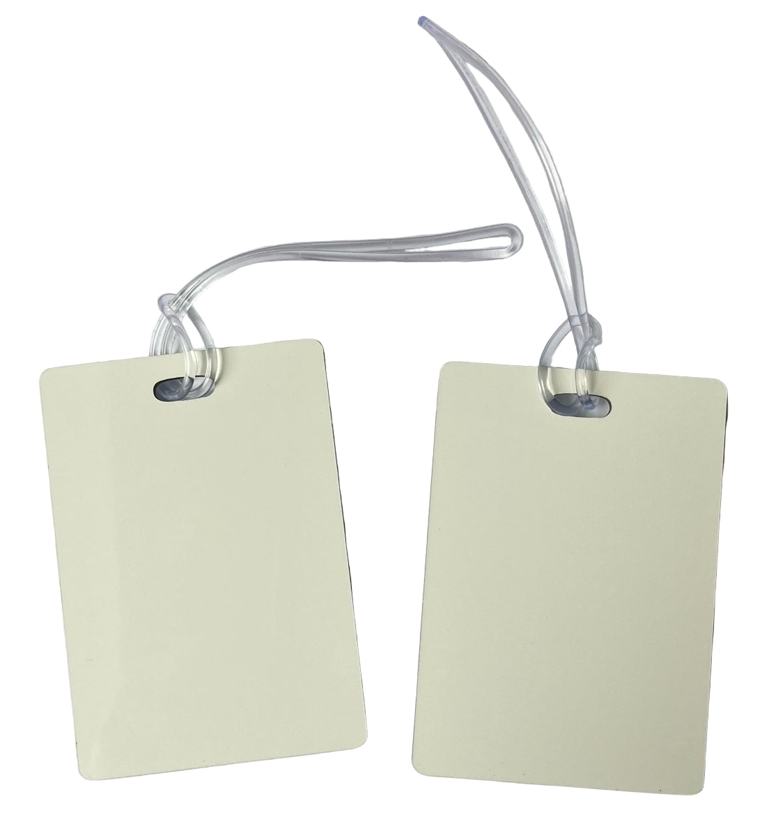 Blank double sided MDF luggage tag for sublimation printing, smooth white surface ready for custom names and designs