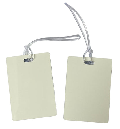 Blank double sided MDF luggage tag for sublimation printing, smooth white surface ready for custom names and designs